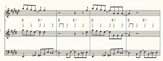 extrait partition.PNG (175.77 Kio) Vu 523 fois voici un extrait comportant 4 portées ( sax, rythme, guitare , basse)